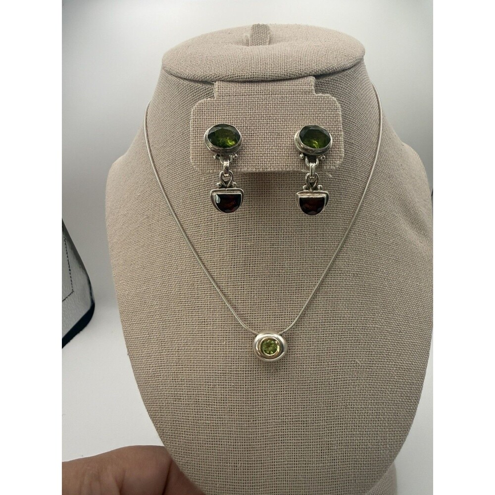 VTG Handmade Peridot & Garnet Earrings + VTG Signed Bezel Peridot Necklace, EUC
